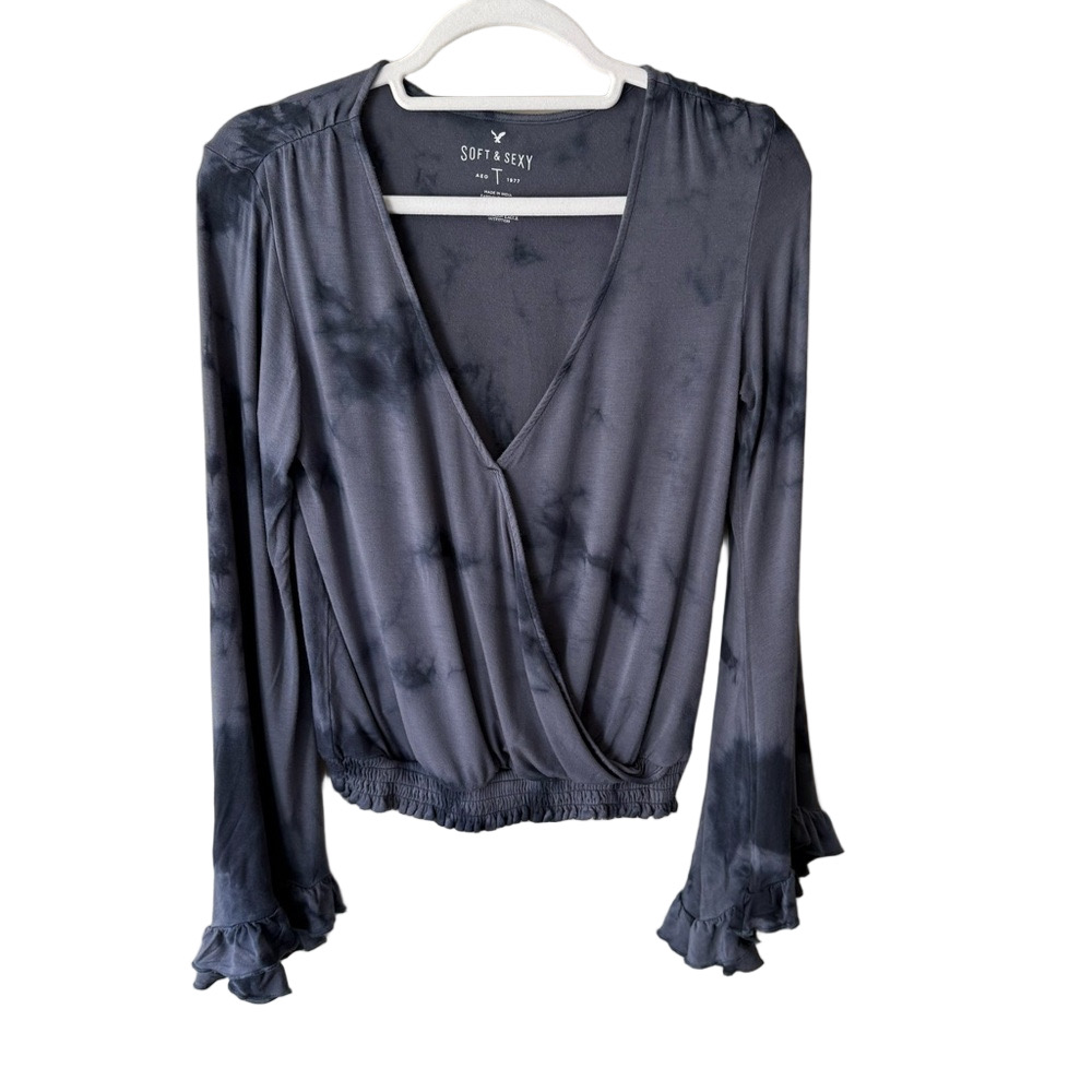 American Eagle Outfitters Gray Ruffled Wrap Blouse Long Sleeve Women’s XS